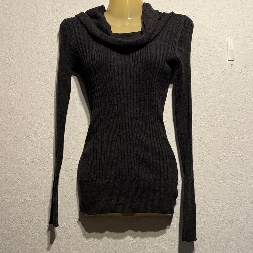 Pink Republic Gray Ribbed Cowl Neck Sweater Size S Stretchy Cozy Knit Charcoal